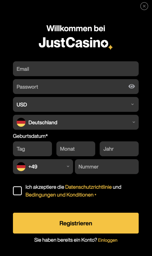 JustCasino Anmeldung und Registrierung
